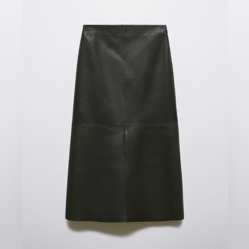 NWT MANGO MNG COLLECTION $430 GREEN 100% GENUINE LEATHER MIDI SKIRT SZ M